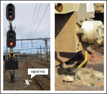 A signal trip installed at Signal 39 (left) and the brake trip lever on a Matangi train (right)
