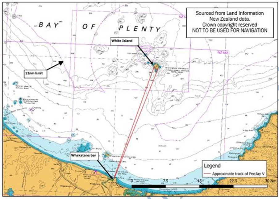 Chart&nbsp;showing&nbsp;approximate&nbsp;track&nbsp;of&nbsp;the&nbsp;PeeJay&nbsp;V&nbsp;on&nbsp;its&nbsp;passage&nbsp;to&nbsp;and&nbsp;from&nbsp;White&nbsp;Island.