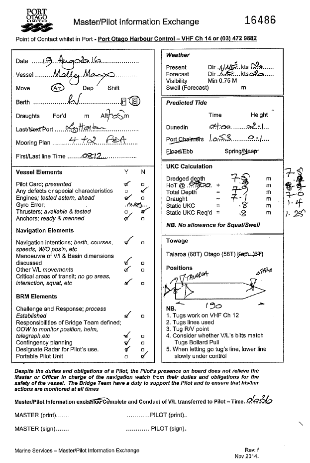 Port Otago pilot information sheet and the vessel’s ‘pilot card’