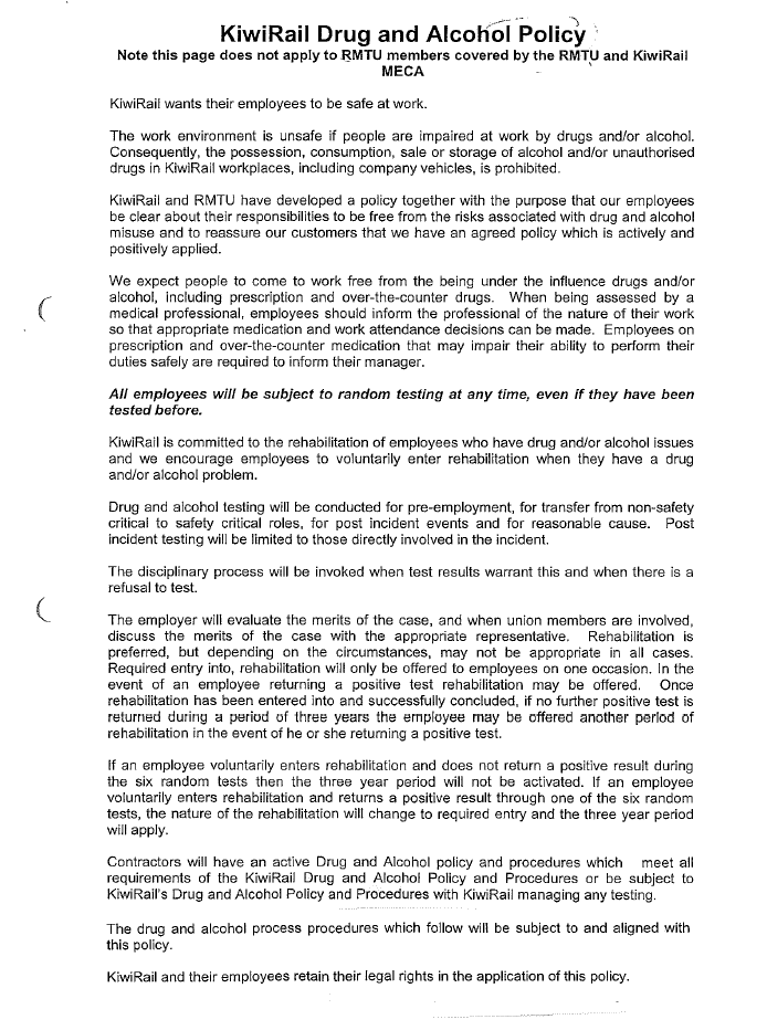 KiwiRail Drug and Alcohol Policy