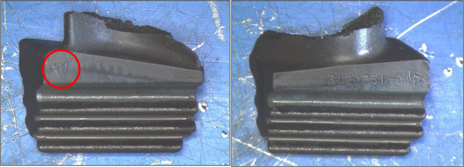 The compressor blade suspected to have failed first (‘R1’ rework mark circled)  (Source: P&WC Service Investigation Report)