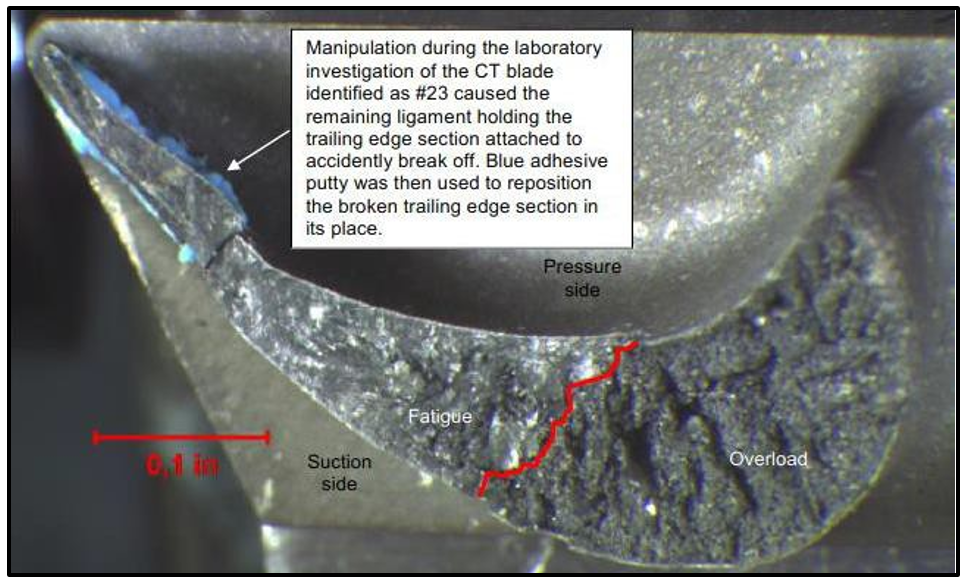 The fracture surface of the suspect compressor turbine blade