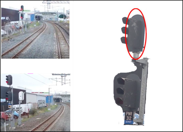Signal 312 viewed from the locomotive cab in the left photographs. The right photograph shows the shields (circled in red) as viewed from the station platform
