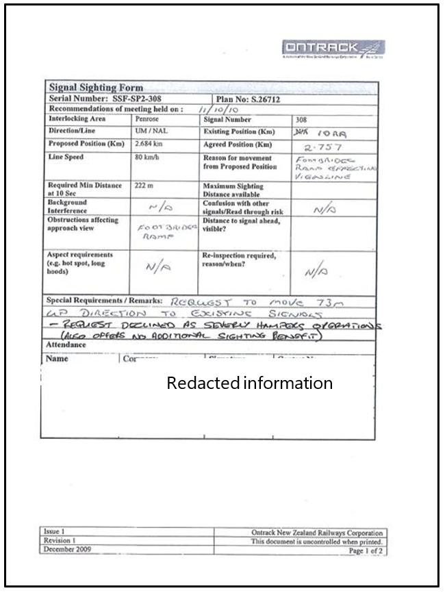 Signal Sighting Form for signal 308 at Penrose