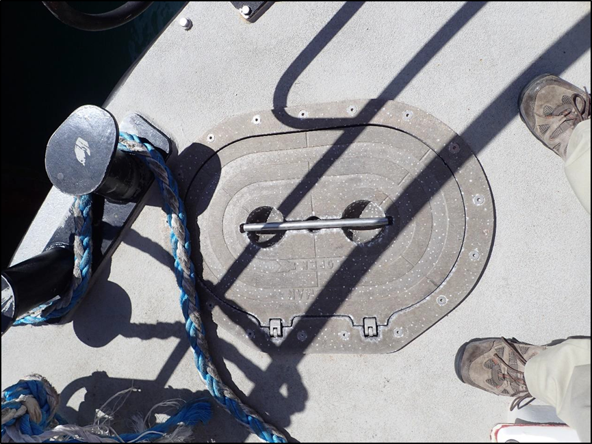 Watertight hatch to the chain locker as fitted to a sister vessel of the Jubilee. This is the same design and size as the hatches fitted to the Jubilee between the forecastle space and the chain locker and the chain locker and the deck.