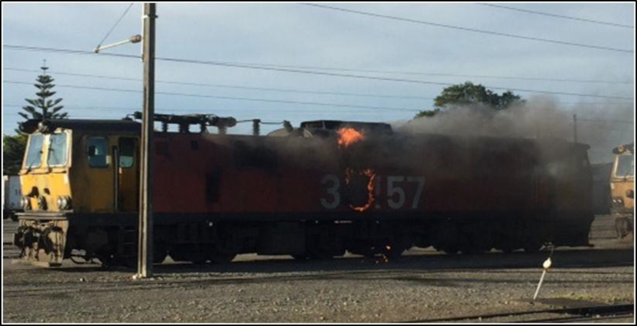 Electric locomotive burning at KiwiRail Palmerston North Terminal Source: Witness mobile phone video still