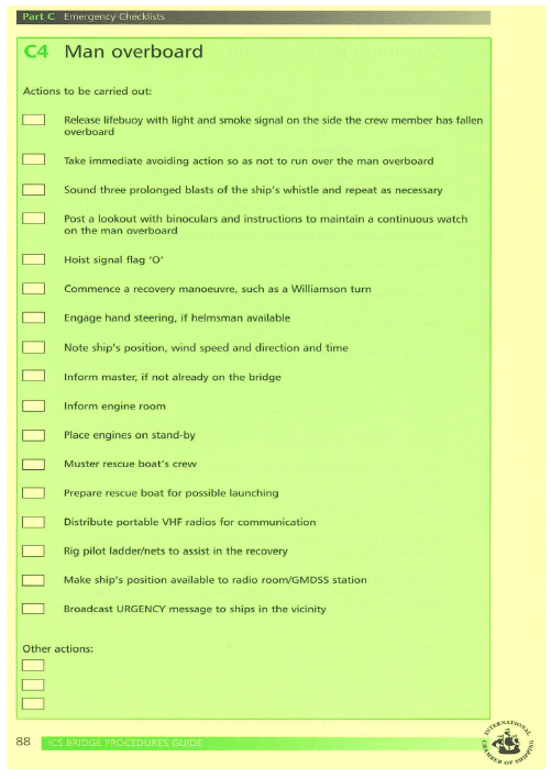 International Chamber of Shipping’s Bridge Procedures Guide (Third edition), Part C Emergency Checklists, C4 man overboard