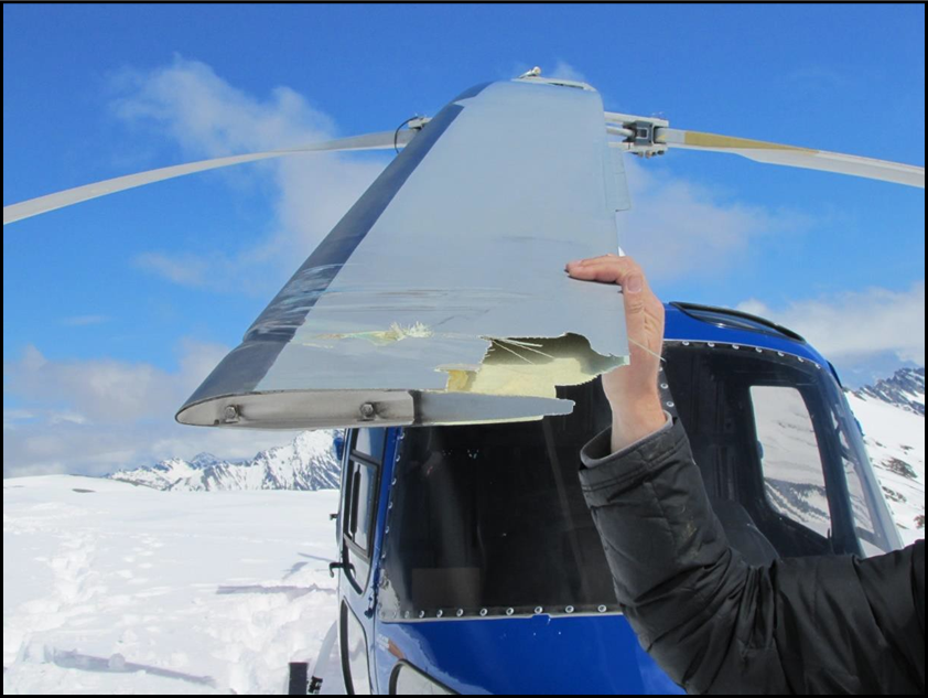 Typical damage to the main rotor blades of the parked helicopter