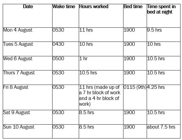 Details of the rail protection officer’s work and rest hours in the week preceding the incident