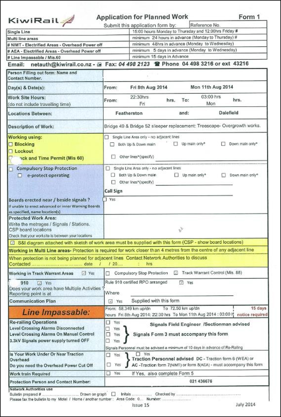  Application for Planned Work