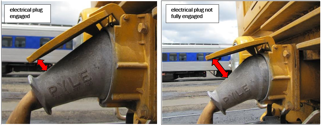Examples of an engaged electrical plug, left, and a not fully engaged plug, right