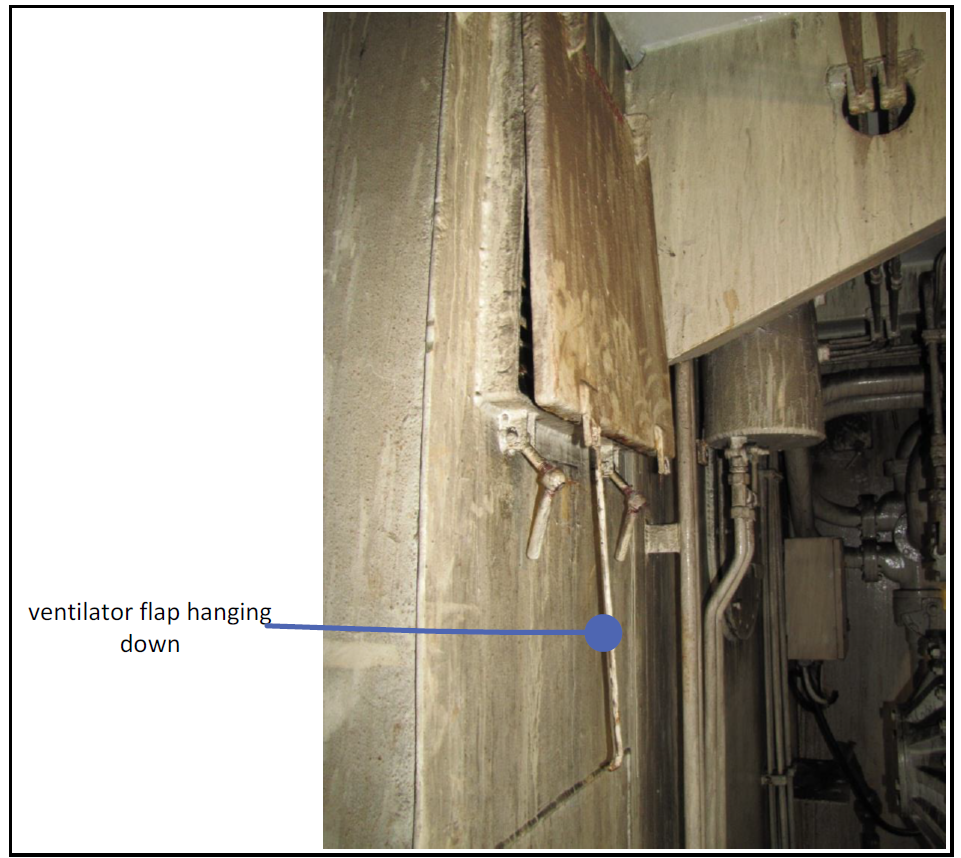 Ventilator opening with strut hanging down, obstructing the flap from closing fully