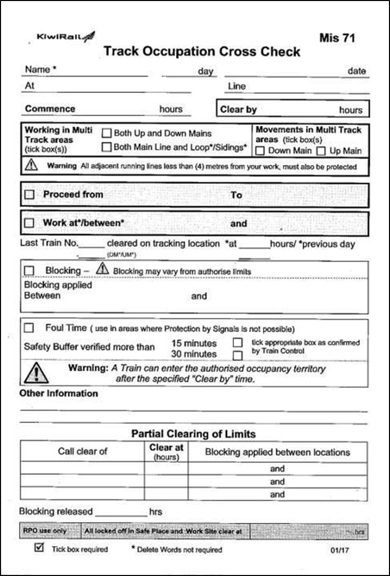 KiwiRail Track Occupation Cross Check (Mis 71) form
