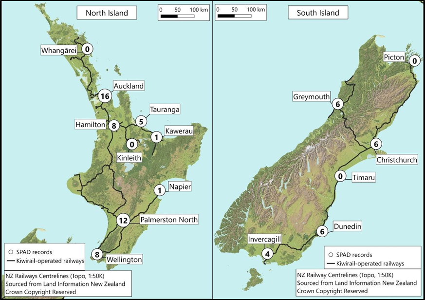 Location of KiwiRail’s SPADS between 2020 and September 2025