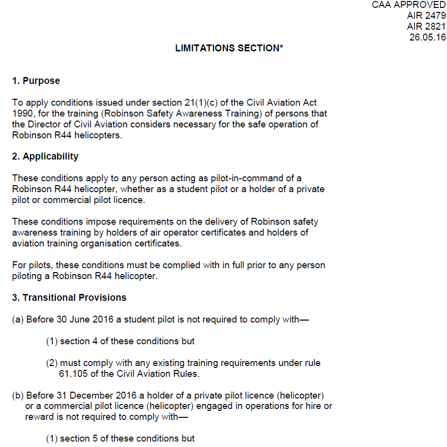 R44 flight manual limitations amendment (CAA)