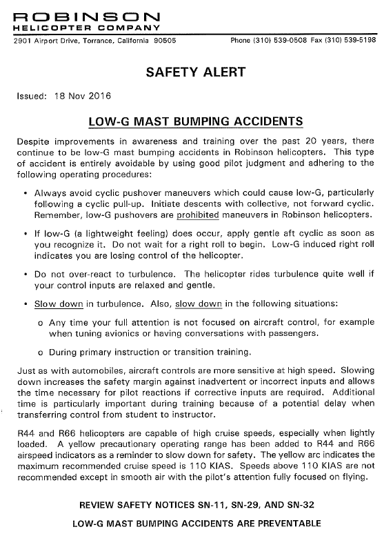 Robinson Safety Alert Low-G Mast Bumping Accidents