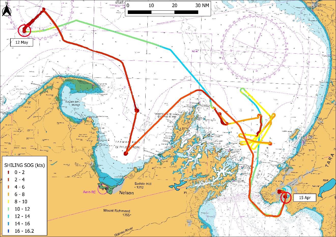 Path of Shiling after departing Wellington on 10 May 2023