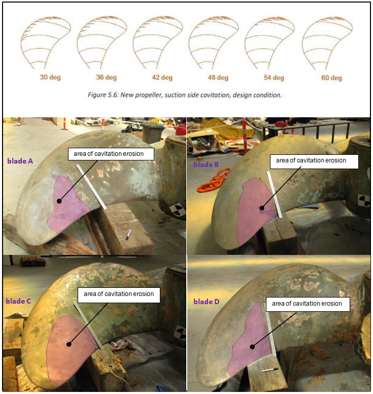 Designed&nbsp;cavitation&nbsp;diagram&nbsp;(top)&nbsp;and&nbsp;observed&nbsp;cavitation erosion&nbsp;on&nbsp;the&nbsp;suction&nbsp;side&nbsp;of&nbsp;the blades&nbsp;of&nbsp;the starboard propeller