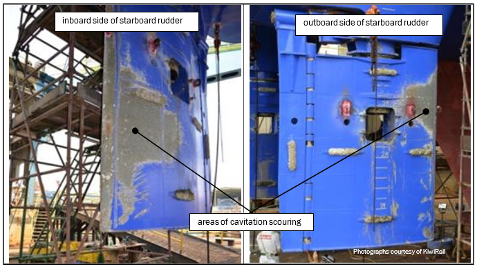 Cavitation scouring on starboard rudder