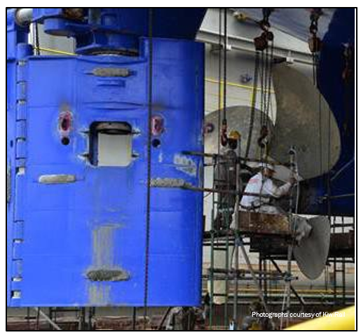 Inboard side of the port rudder showing significantly less loss of paint than on the starboard rudder