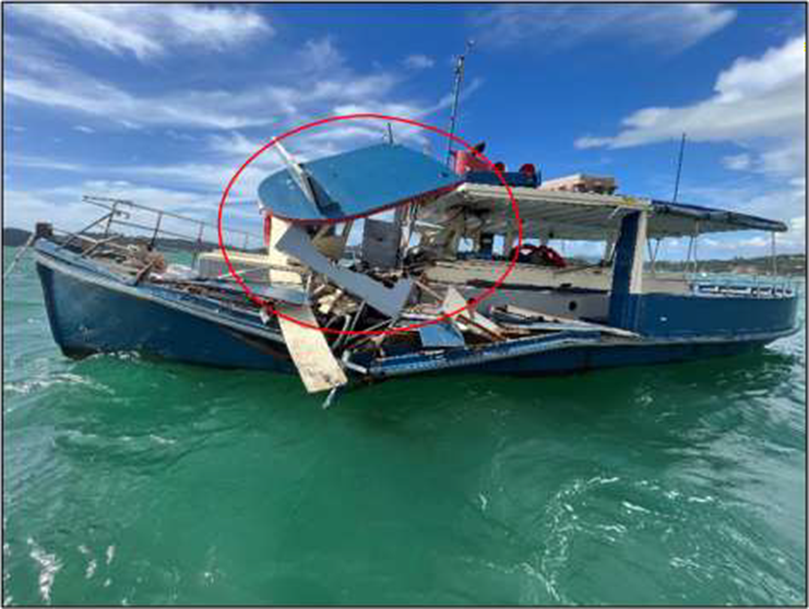 The damaged Waitere showing the destroyed wheelhouse