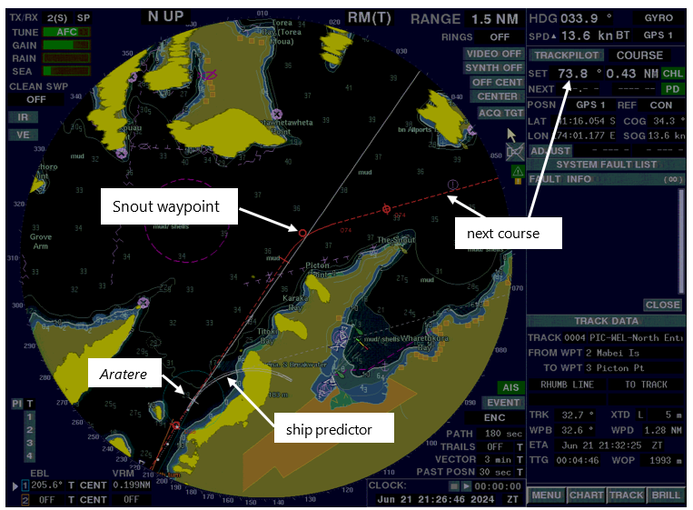 Screenshot from Aratere’s electronic chart display system (ECDIS) near the time the night master became aware that Aratere was deviating from the planned track