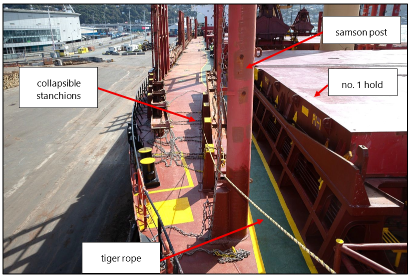 The tiger rope outboard of the stanchions and samson post on the main deck