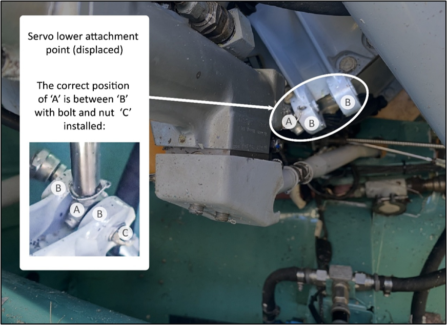 ZK-HJM left hydraulic lower attachment point bolt missing and hydraulic lower connection point no longer connected