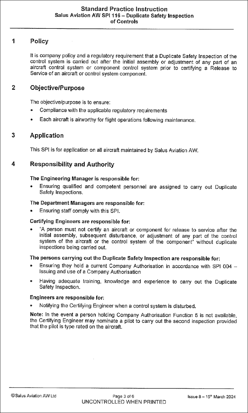 Standard Practice Instruction SPI116 – Duplicate Safety Inspection of Controls