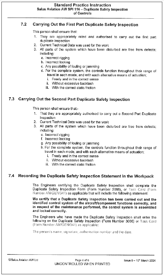 Standard Practice Instruction SPI116 – Duplicate Safety Inspection of Controls