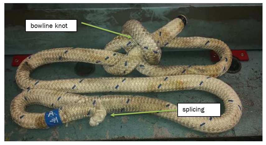 Sample rope with bowline knot on one end and eye splice on the other end