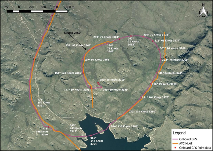 Figure 1 Flight path data Aeroplane’s track (degrees magnetic), groundspeed (knots) and altitude (GPS height, feet, above sea level) Sourced from Topographic Map CC14 Ophir. Crown Copyright Reserved