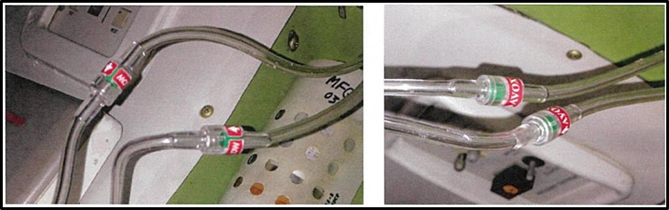Oxygen tubing, showing no flow (left) and full flow (right) (Picture from the operator)