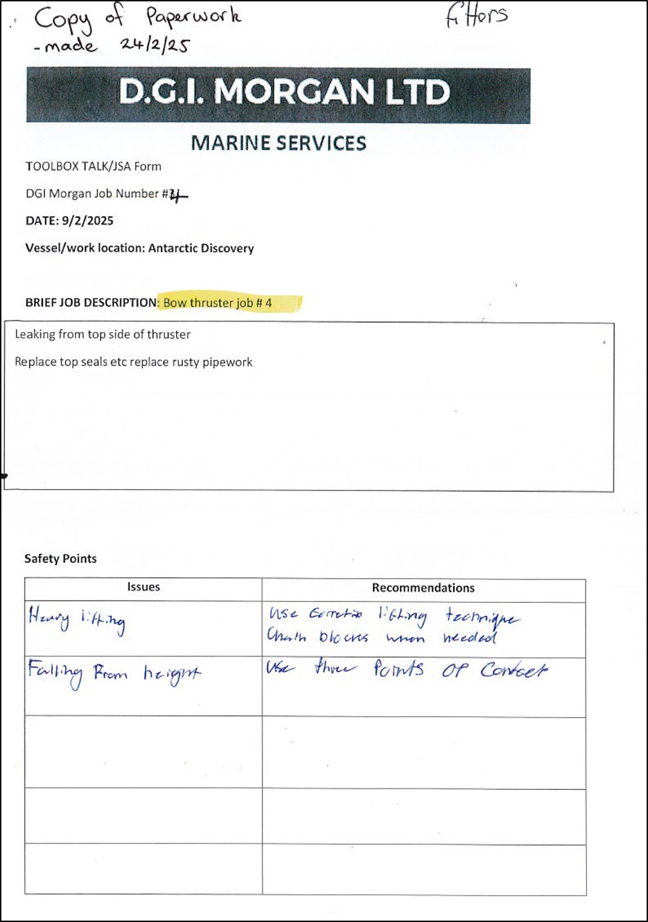 DGI Morgan Toolbox/JSA for work done in the bow thruster room