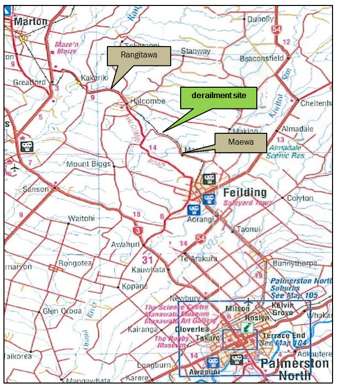 Map of derailment site between Rangitawa and Maewa