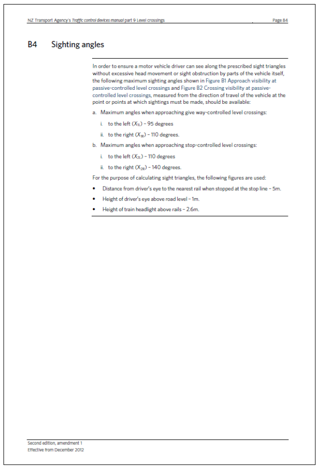 NZ Transport Agency’s Traffic Control Devices Manual, Part 9, Level crossings, Appendix B – Sight distances at level crossings