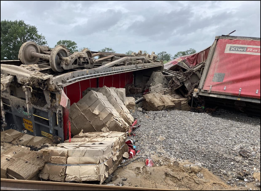 Derailed wagons and ballast debris on the eastern side of the rail corridor
