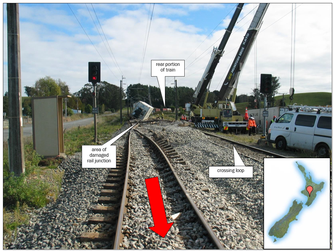 The derailment scene at Maewa, viewed opposite to the train’s direction of travel (red arrow)