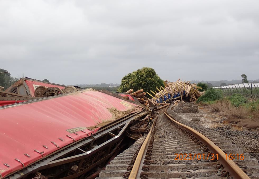 Derailed wagons and washed-out track formation