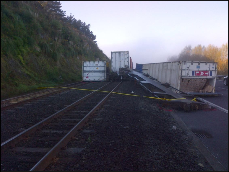 Photograph of wagon and containers fouling State Highway One (image provided by KiwiRail)