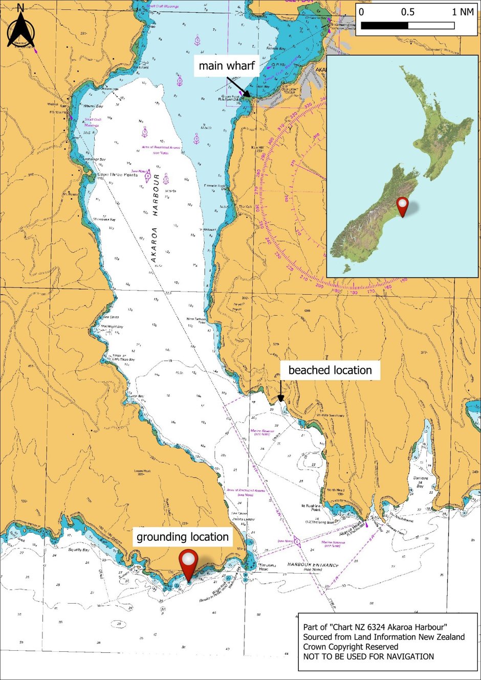 Akaroa Harbour and grounding location (Credit: Land Information New Zealand Toitū Te Whenua)