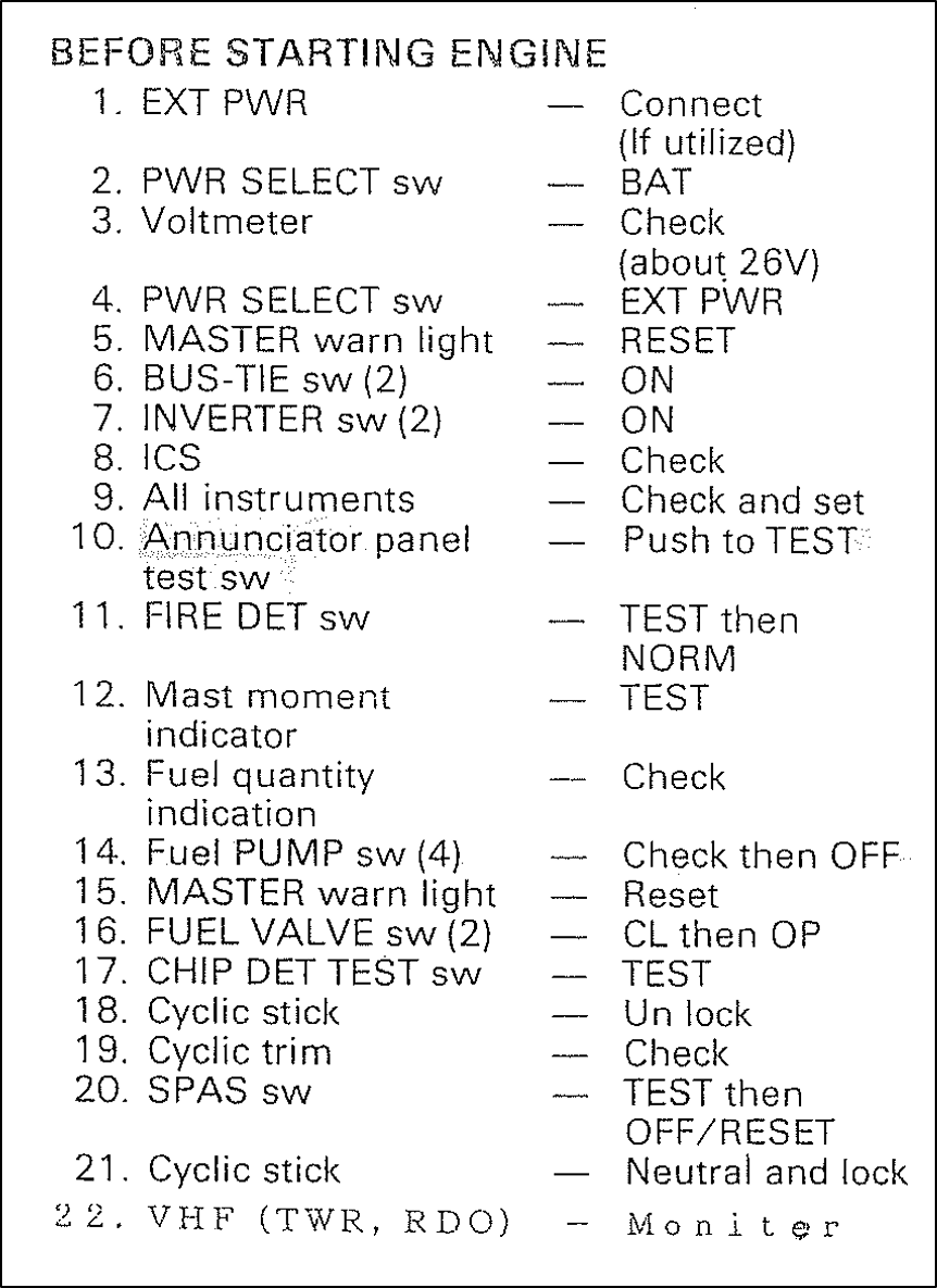 Figure 8 Before-starting-engine checklist