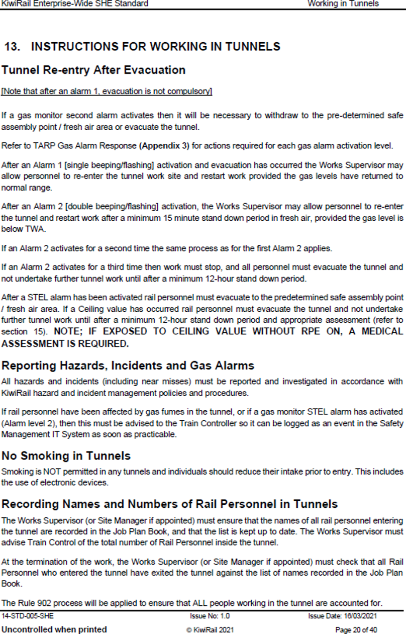 KiwiRail Standard 14-STD-005, ‘SHE Working in tunnels’, Section 13 page 20