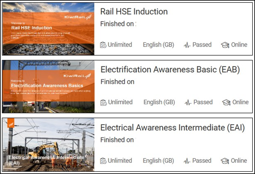 Figure 19: KiwiRail’s required training certifications for contractors (Credit: KiwiRail)