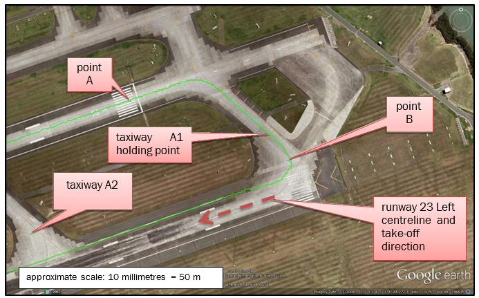 Figure 1 The aeroplane’s taxi and take-off path (The green line shows the aeroplane’s track on the ground)