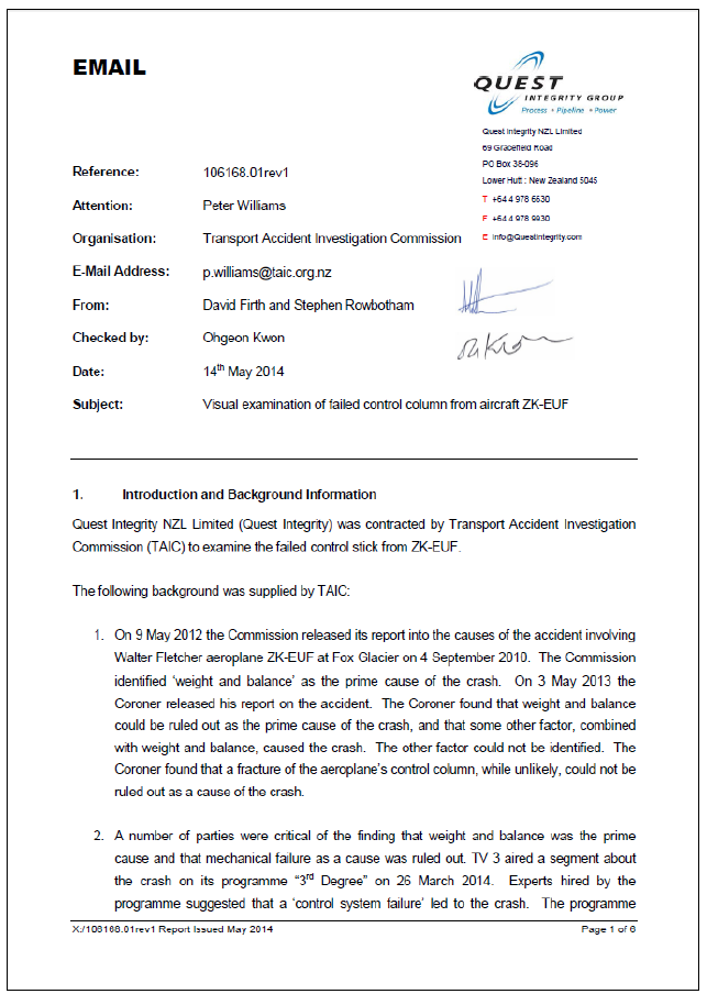 Independent report on control stick fracture