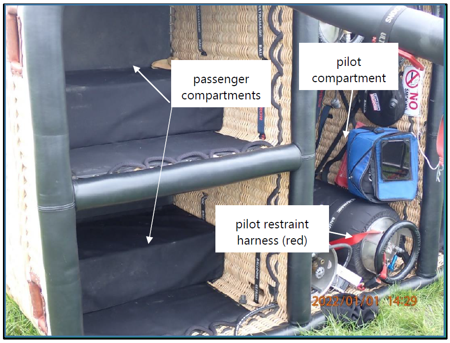 Photo of the view inside the basket and the pilot restraint harness