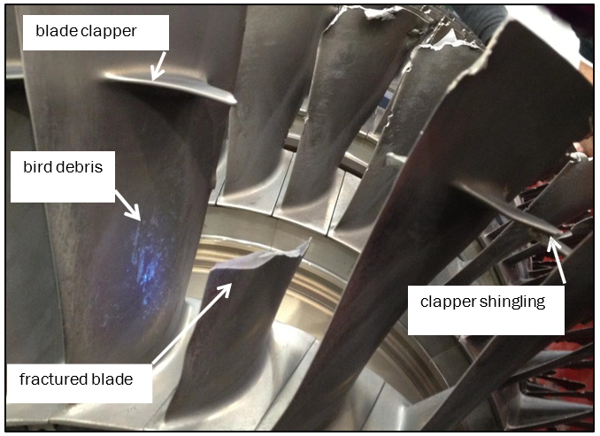 Fractured third-stage blade and an example of clapper shingling