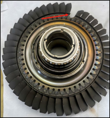 Figure 9: Low-pressure turbine disc showing location of failed blade (Credit: P&WC)