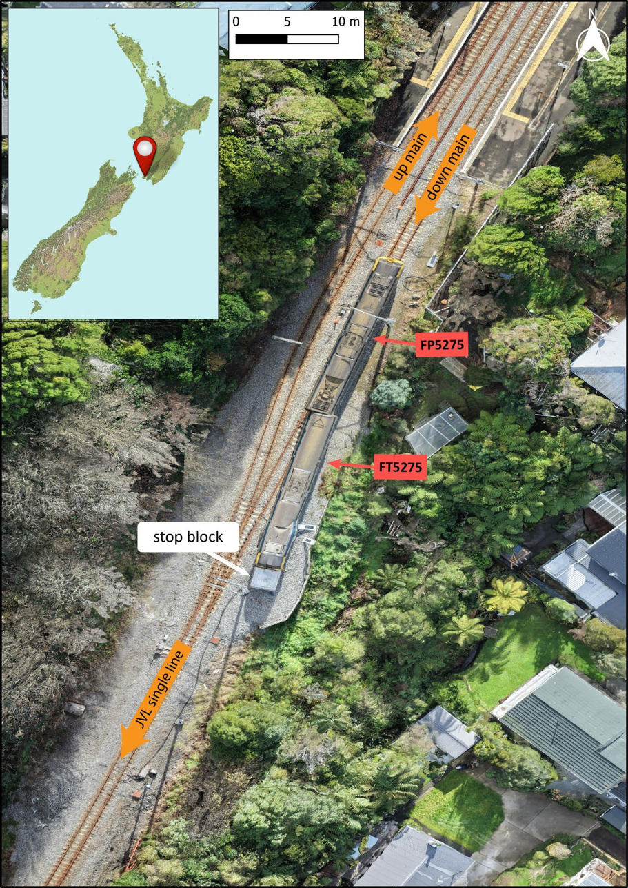 Figure 2: Collision location on runaway track south of Khandallah Station (Credit: Scene reconstruction by TAIC using KiwiRail drone images)